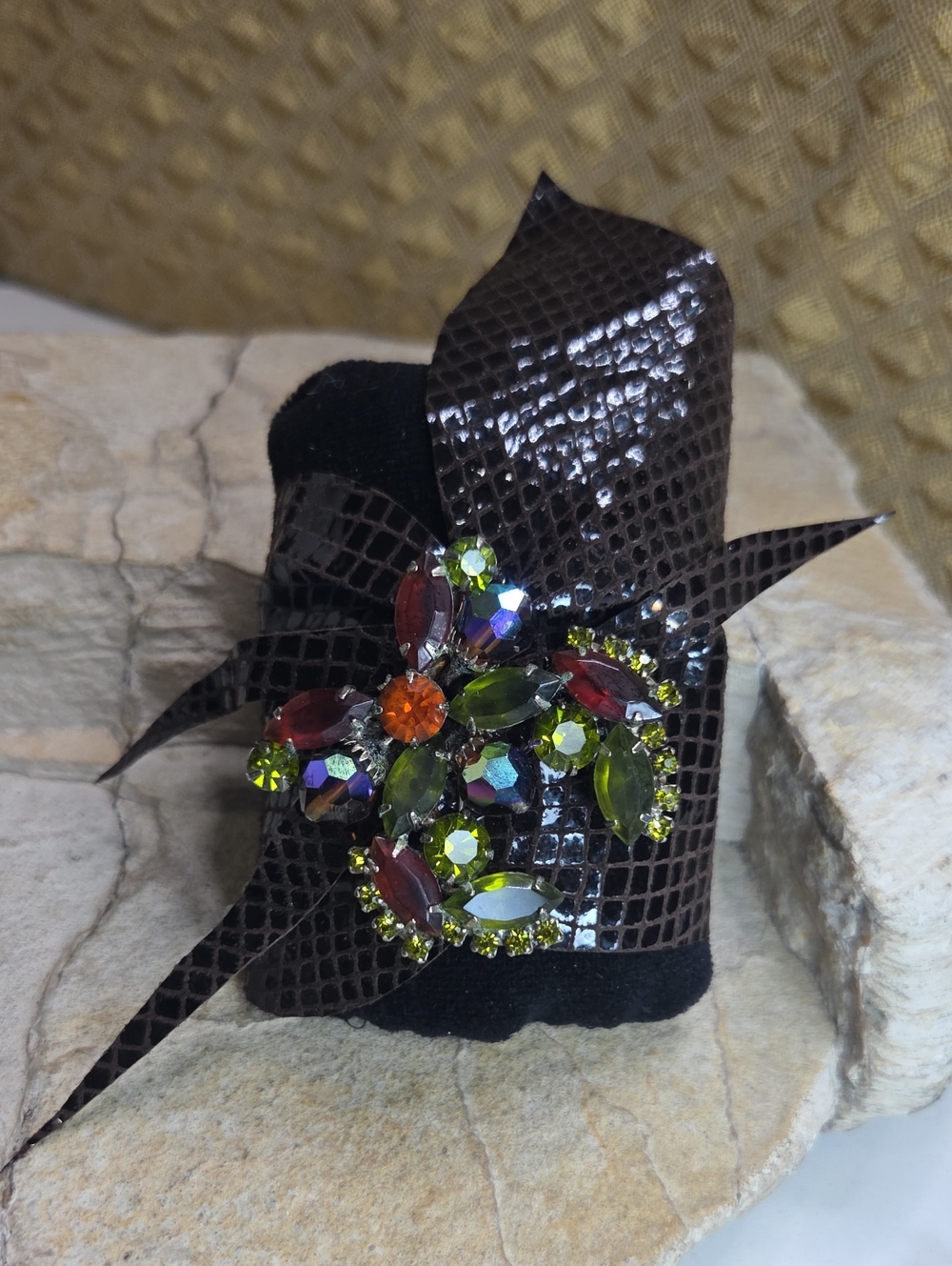 Handmade Artisan Leather Cuff Bracelet With Vintage brooch